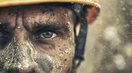 Construction Worker's Face with Hard Hat: Close-up of a construction worker's face, covered in dust and sweat, with a hard hat on and a construction site in the background.
