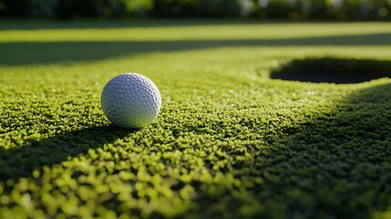 Golf ball on green putting surface near hole sunlit grass