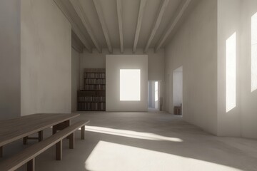 A minimalist, sunlit interior space with natural light, showcasing a neutral color palette, a wooden table and bench, and built-in bookshelves