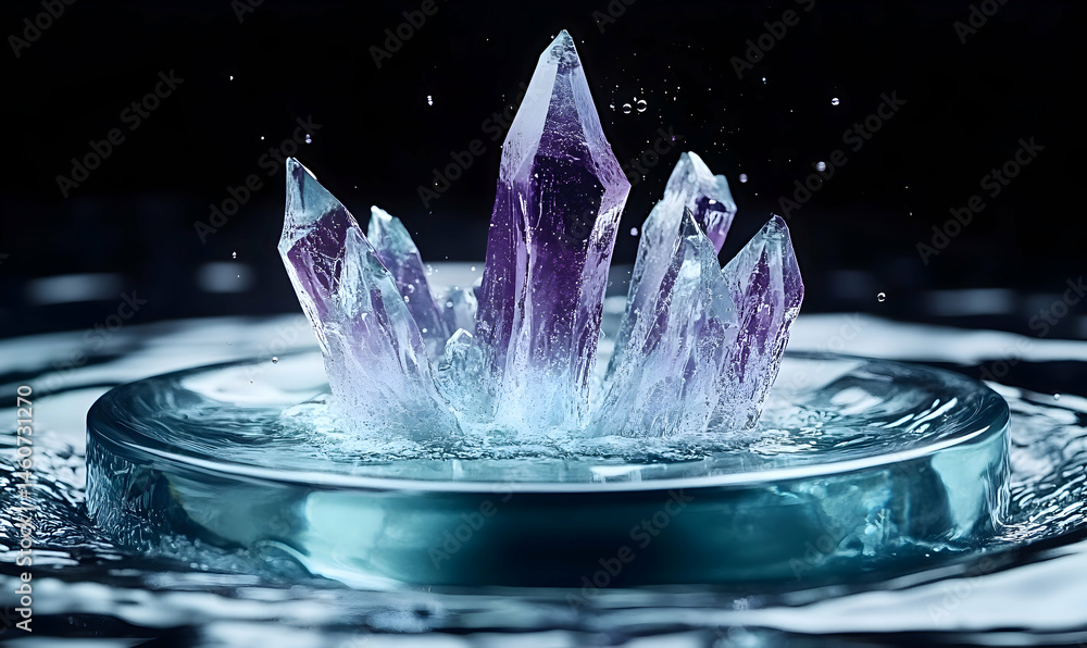 Poster striking image of amethyst crystals submerged in water, creating a mesmerizing visual with ripples a