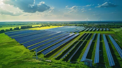 Large Solar Farm with Rows of Panels in Green Field, Renewable Energy Future