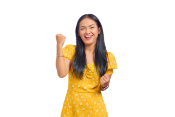 Portrait of excited young Asian woman celebrating success isolated on transparent background