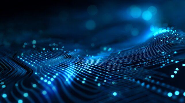 Futuristic quantum computer technology concept with blue circuit board design, abstract waves and flowing patterns, high-tech digital background illustration