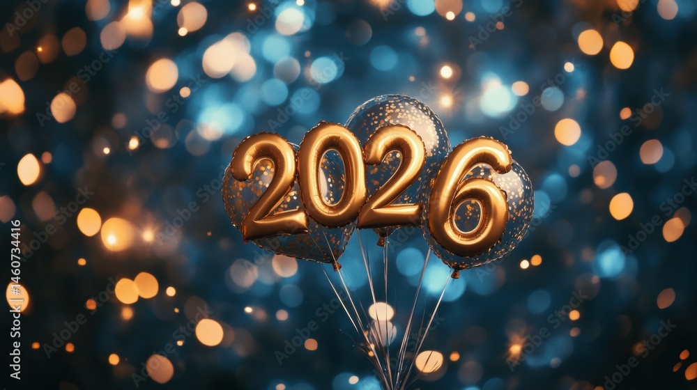 Aufkleber balloons shaped like the numbers 2026 float in a sparkling environment, creating a joyful atmosphere