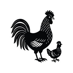 Rooster and Chick A Black and White Illustration of Domestic Poultry