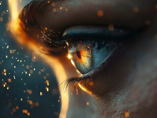 fiery eye: intense gaze, orange and black, dramatic lighting, close-up