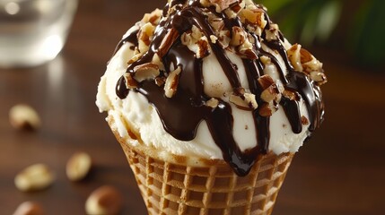  Ice Cream Cone with Chocolate Drizzle and Nuts