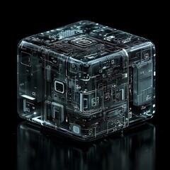 Transparent cube, intricate internal mechanisms