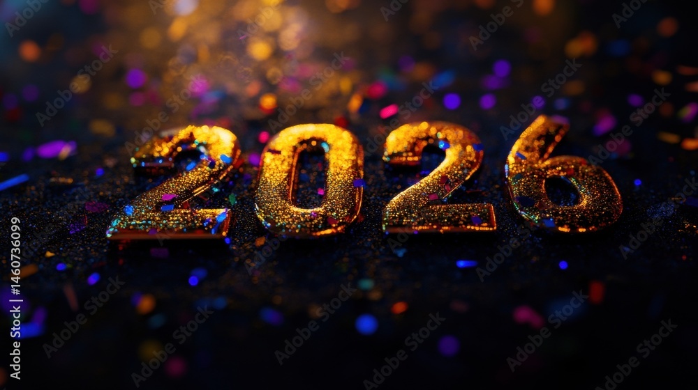 Poster golden numbers representing 2026 surrounded by colorful confetti create a lively atmosphere for the 