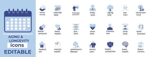 
Editable vector icons for ageing, longevity, senior care, and wellness clean design perfect for healthcare and lifestyle use