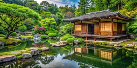 Fototapeta premium Traditional Japanese tea house surrounded by a serene garden with carefully pruned trees and lush greenery, featuring a tranquil stone pond with water lilies , calm, water