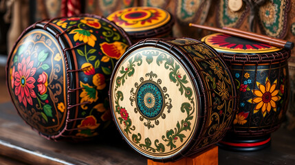 explore the art of traditional ethnic drums: the captivating beauty of intricately designed hand-crafted percussion instruments with ornate floral patterns and vibrant colors