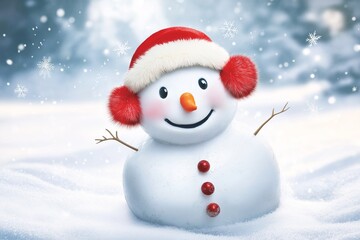 A cheerful Christmas snowman wearing fluffy red earmuffs, standing in a snowy winter landscape with softly falling snowflakes. 