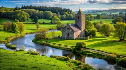 Naklejka premium Ancient church standing alone in a green meadow with a few trees and a winding river in the background, church, church of the intercession