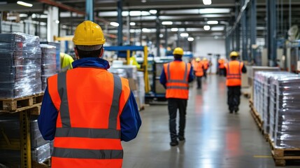 Workers practicing safety drills in a factory environment.