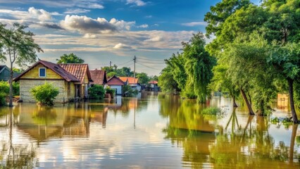 Obraz premium A flooded village in a lowland area with water covering the houses and streets