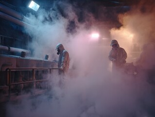 Industrial workers in protective gear amidst dense smoke.