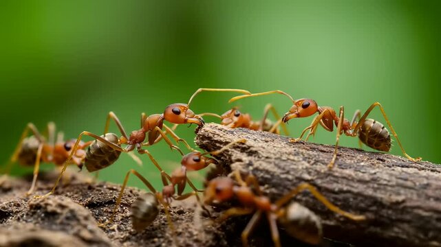 Close-up of red ants on a log.