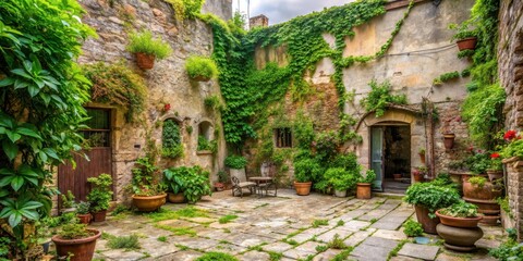Fototapeta premium Overgrown patio with weeds and climbers on old stone walls, climbers, nature, climbers, nature,stone walls,vines, outdoor