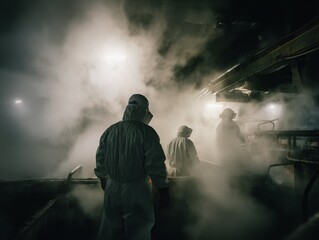 Obraz premium Industrial workers in a hazy processing room.