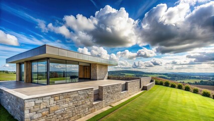 Fototapeta premium A modern house with a stone wall and a panoramic view of a serene landscape, set against a clear blue sky with puffy white clouds , natural scenery, stone wall