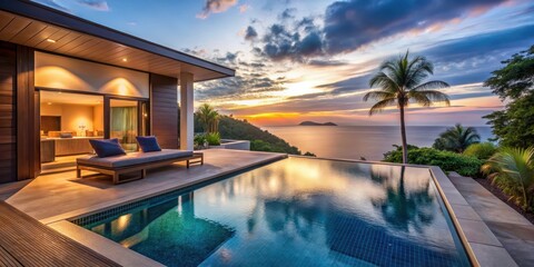 Fototapeta premium Luxurious pool villa with private sunbathing area and outdoor shower overlooking serene summer tropical landscape and breathtaking sea view at dusk, sunset, pool villa