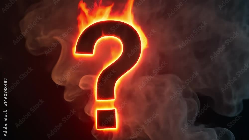 Poster glowing question mark surrounded by smoke and flames mysterious symbol of intrigue and uncertainty a
