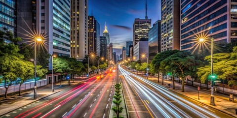 Fototapeta premium Time-lapse of Avenue Paulista at night with streetlights and traffic lights , sao paulo, brazil