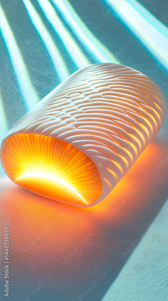 Poster luminous white cylindrical object with intricate pattern and orange glowing core