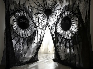 monochrome artwork, two eyes, black lace curtain, mysterious ambiance