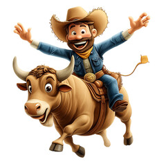 Cowboy Riding a Bull Isolated on Transparent Background