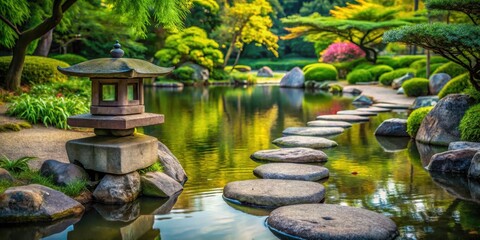 Naklejka premium Water feature with stone lantern and stepping stones in a serene Japanese garden setting, stepping stones, peaceful