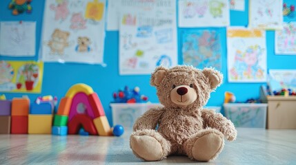 A bright kindergarten classroom background with drawings, learning charts, and plush toys.