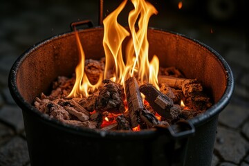 Burning wood in a dark metal container.