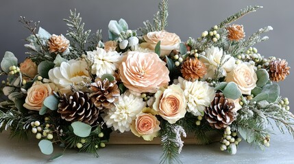 Winter floral arrangement featuring soft pastel hues, perfect for festive decor. 