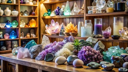Cozy crystal shop interior with crystals and rocks display , beautiful display of crystals and rocks, decorative arrangement