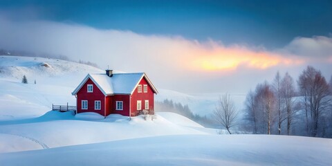 isolated red house amidst serene snow-covered hills in a foggy winter landscape, with misty atmosphere and warm glow from windows, foggy landscape, snowy hills