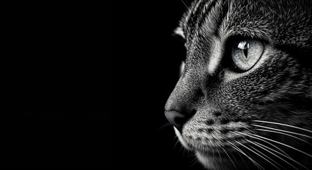 Cat Black White Portrait Close Up Face Dark Profile Eyes