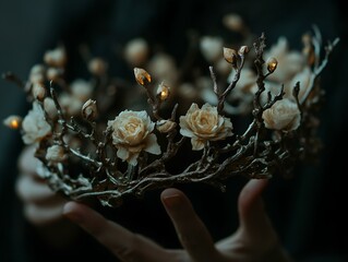 floral crown in hand, glowing lights, dark background, delicate blossoms, artistic composition