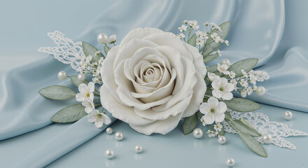 Elegant White Rose Pearls Lace Blue Fabric Wedding Decor