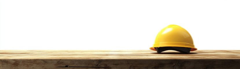 Yellow safety helmet on a wooden surface