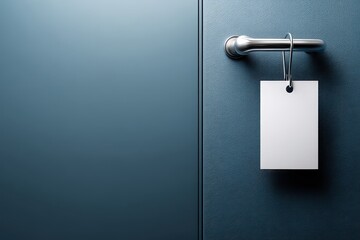 A textured dark blue surface with a silver door handle and a blank white tag hanging from it. Clean and minimalist aesthetic