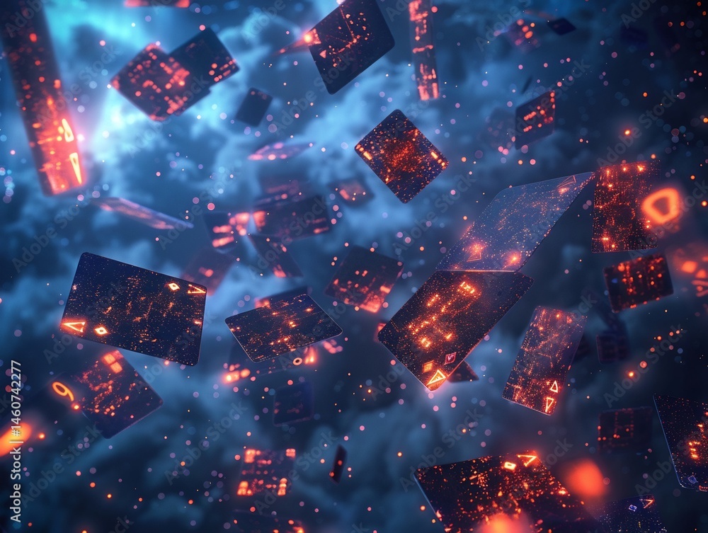 Aufkleber abstract digital cards with glowing circuit patterns floating in blue haze