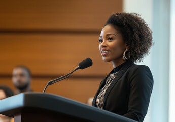 Confident Young Black Woman Giving a Speech at Podium