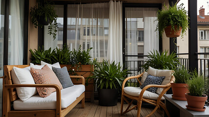 Fototapeta premium Chic Balcony with Modern Furniture and Cozy Seating: Embrace Natural Light and Stylish Home Decor for Urban Living