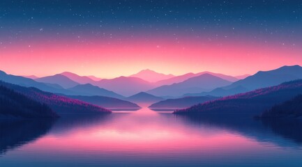 Fototapeta premium A serene lake surrounded by mountains at twilight.