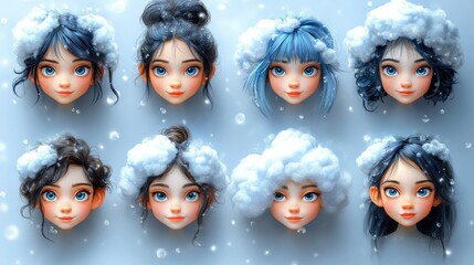 Naklejka premium Stylized Cartoon Girl Heads with Cloud Hair Adornments in Gentle Blue Hues