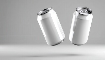 Sleek white beverage cans float against a soft gray backdrop, showcasing minimalist product packaging. Clean and modern aesthetic