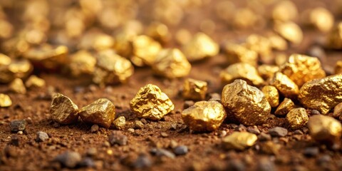 Detailed close-up of rough dirt with small gold nuggets scattered on the surface
