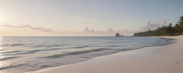 White sand, calm waves lapping shore, distant island silhouette,  sea,  background,  paradise